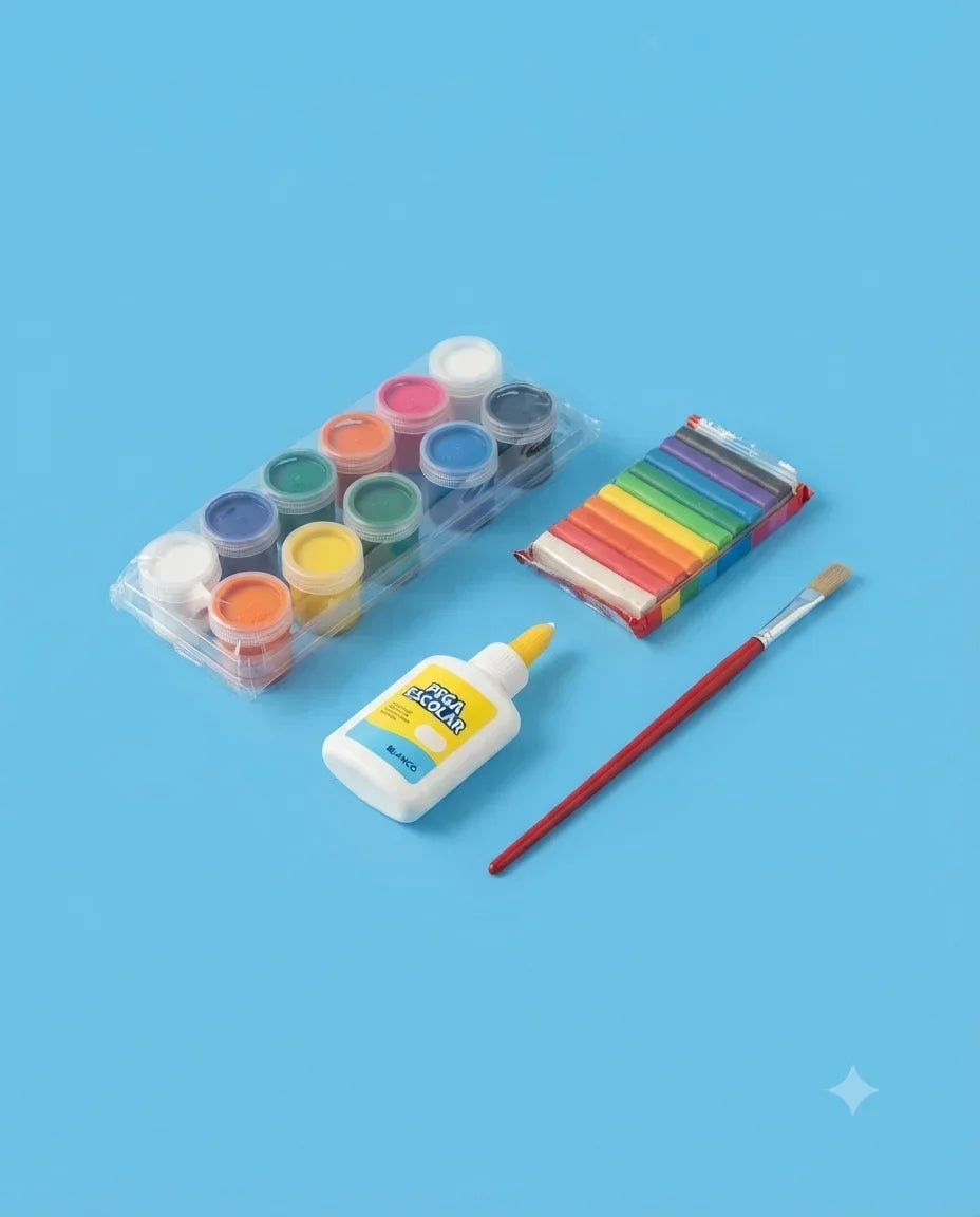 Set de témperas, plasticina, pegamento y pincel para manualidades escolares