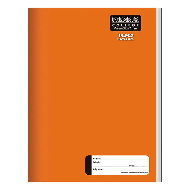 Cuaderno college de 100 hojas, cuadriculado 7mm, marca Proarte, ideal para uso escolar