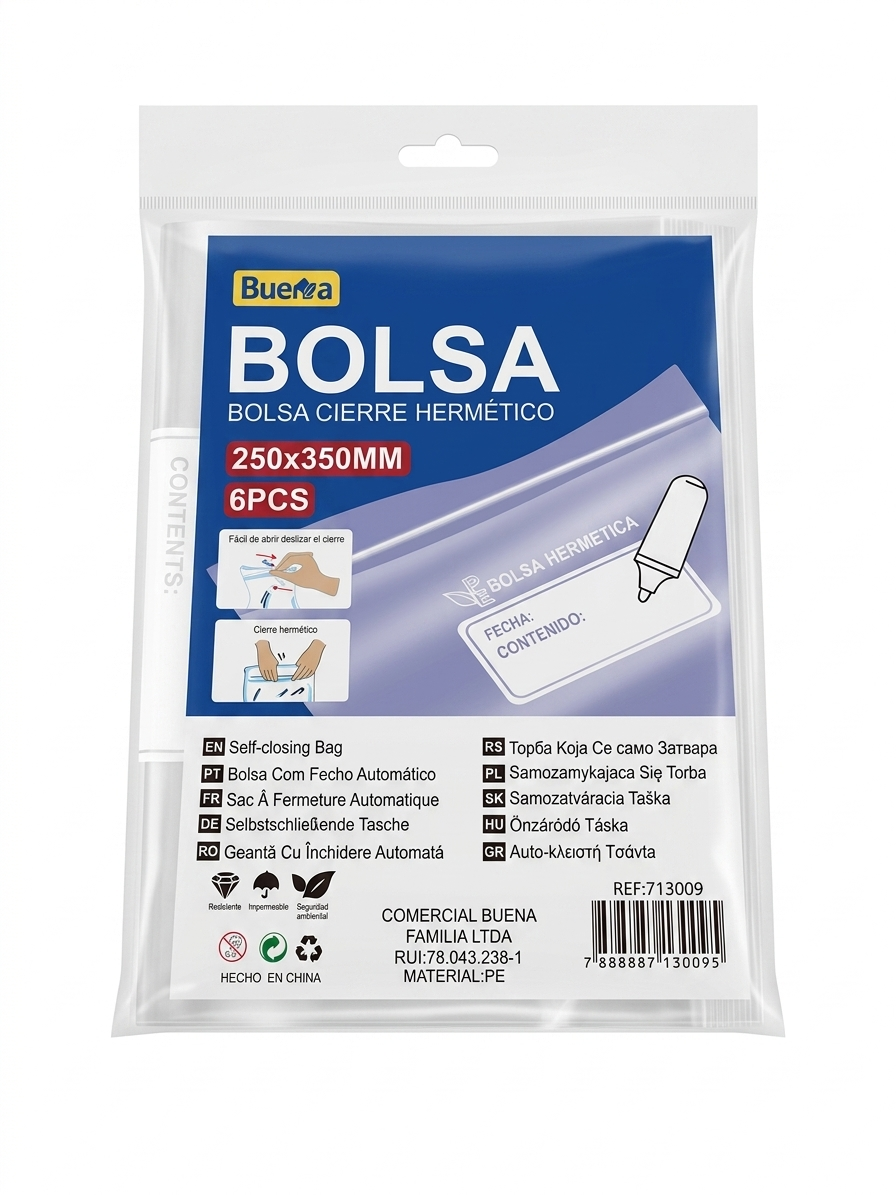 Bolsa Cierre Hermético Tipo Ziplock 25x35cm (6 Pcs)