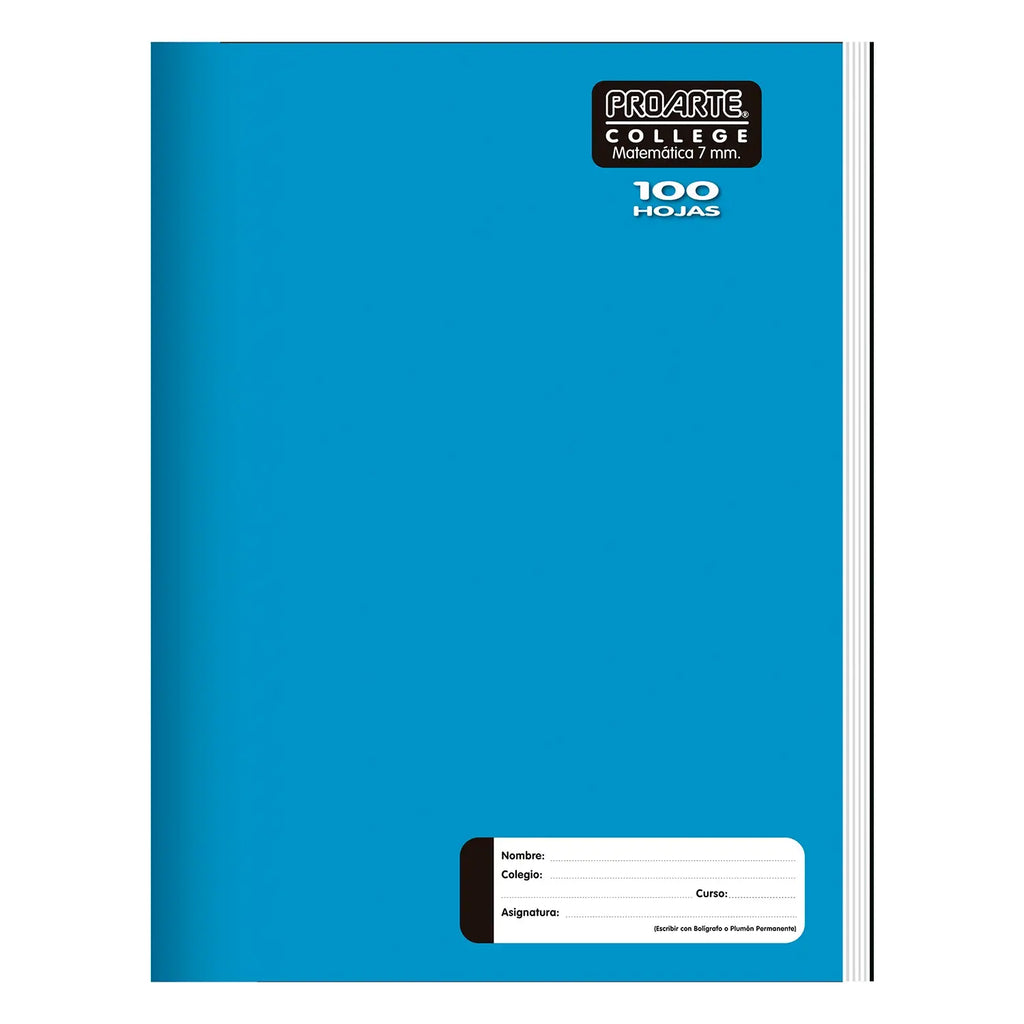 Cuaderno college de 100 hojas, cuadriculado 7mm, marca Proarte, ideal para uso escolar