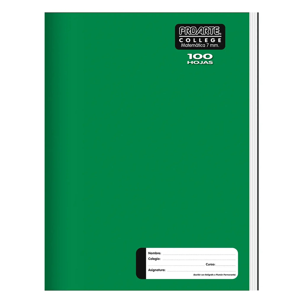 Cuaderno college de 100 hojas, cuadriculado 7mm, marca Proarte, ideal para uso escolar