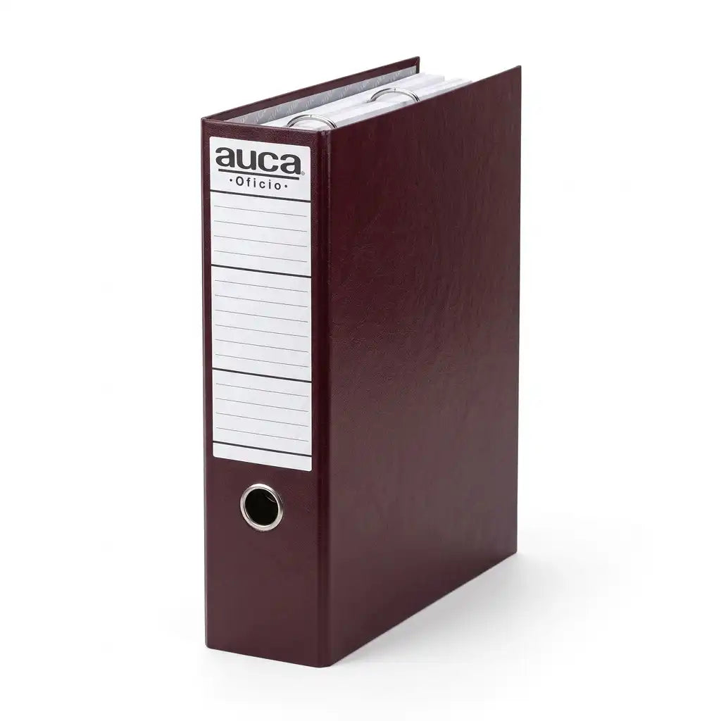 Archivador de lomo ancho burdeo tamaño oficio marca Auca, ideal para uso escolar y de oficina