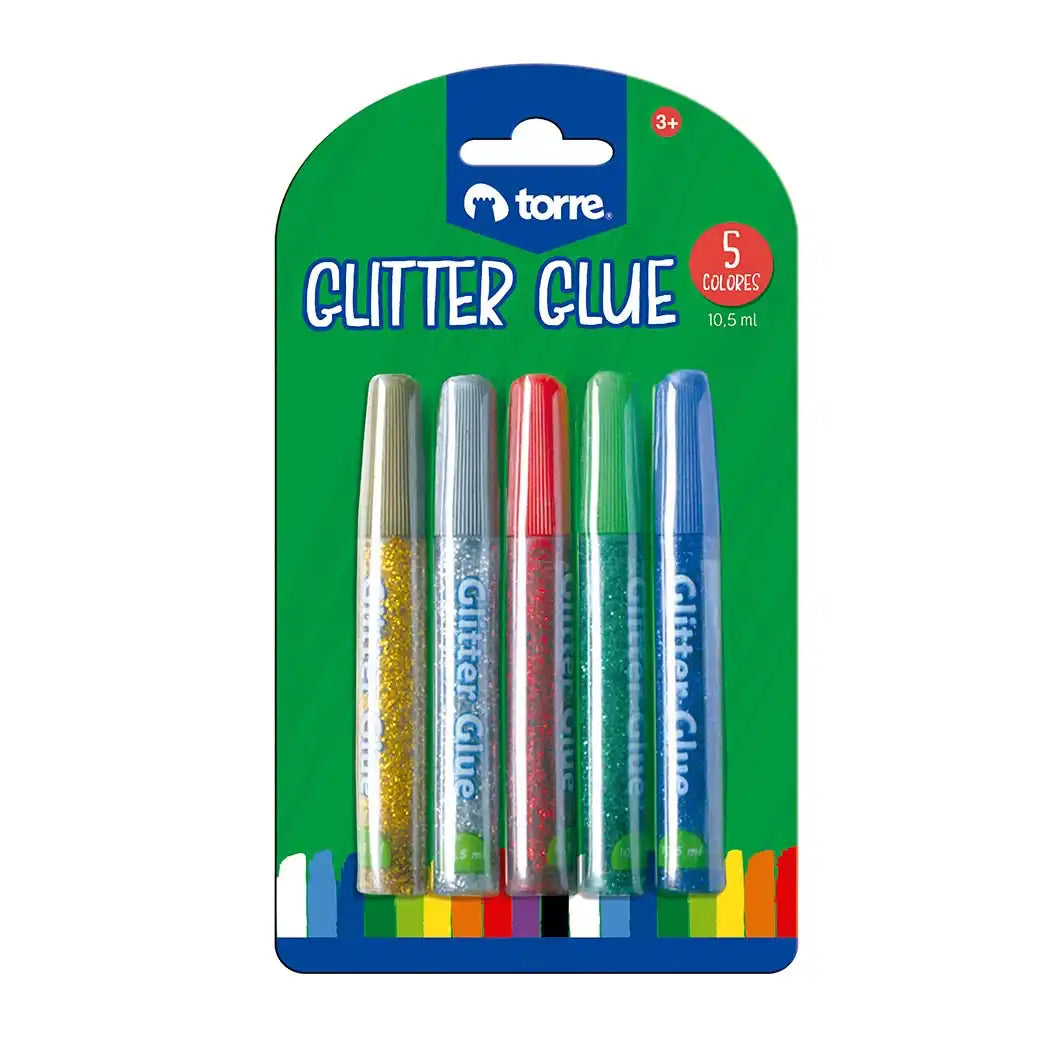 Set de glitter glue en blister, 5 colores, marca Torre, ideal para manualidades escolares