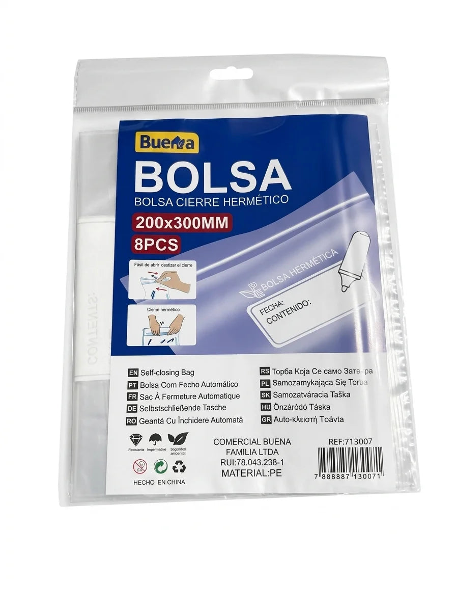 Bolsa Cierre Hermético Tipo Ziplock 20x30cm (8 Pcs)