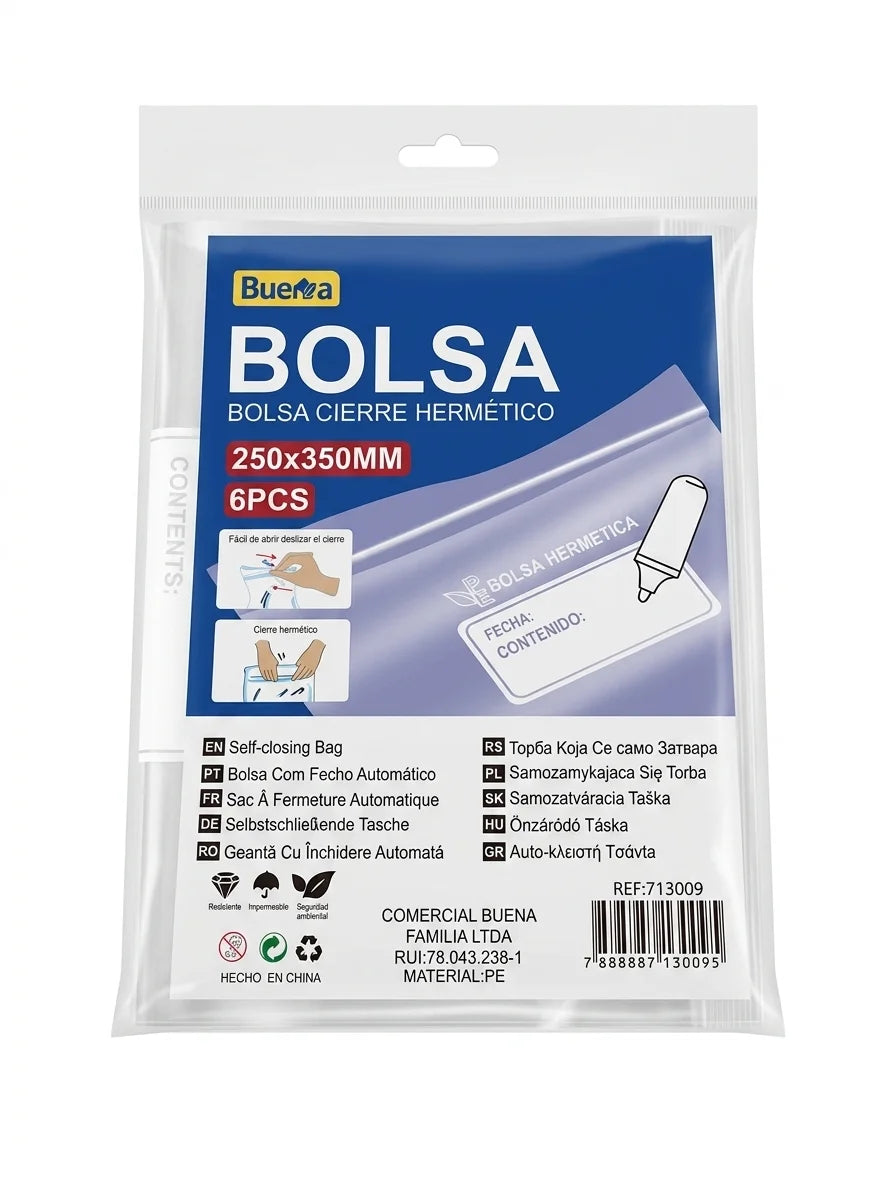 Bolsa Cierre Hermético Tipo Ziplock 25x35cm (6 Pcs)