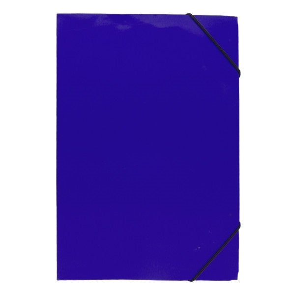Carpeta de cartón azul oscuro con elástico, ideal para archivar documentos escolares y de oficina