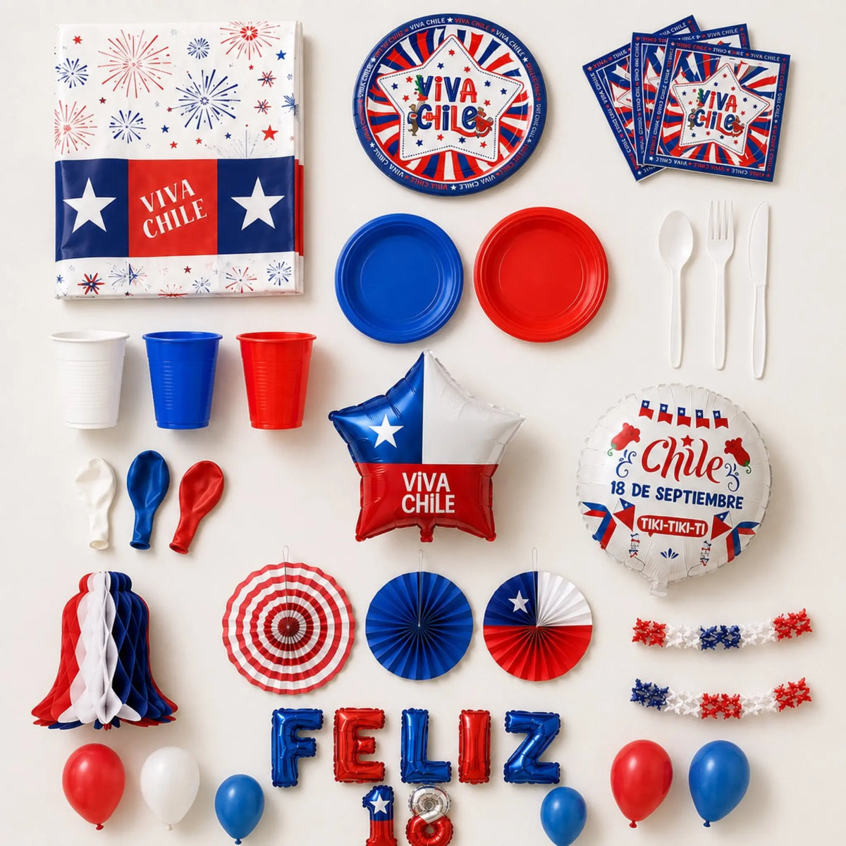 Variedad de productos de decoración y cotillón Fiestas Patrias disponibles en Mundo Escolar Chile