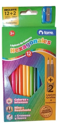 Lápices De Colores Hexagonales + 2 Lápices Grafito + Sacapuntas Torre