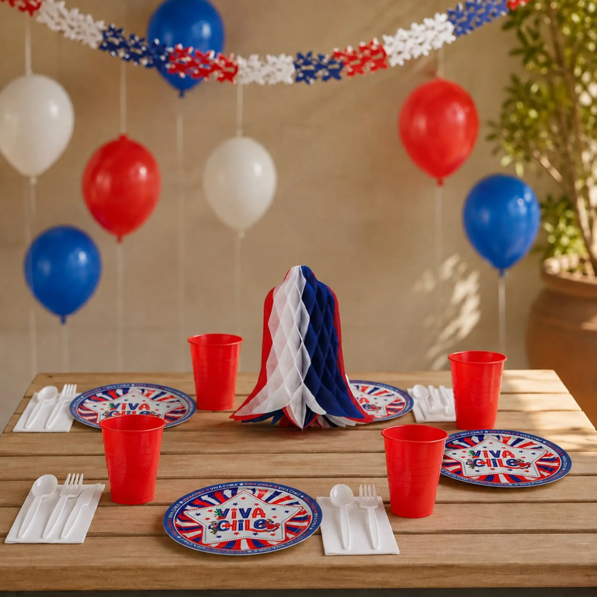 Pack cotillón Fiestas Patrias chico para 8 a 10 personas con globos, vasos y platos desechables