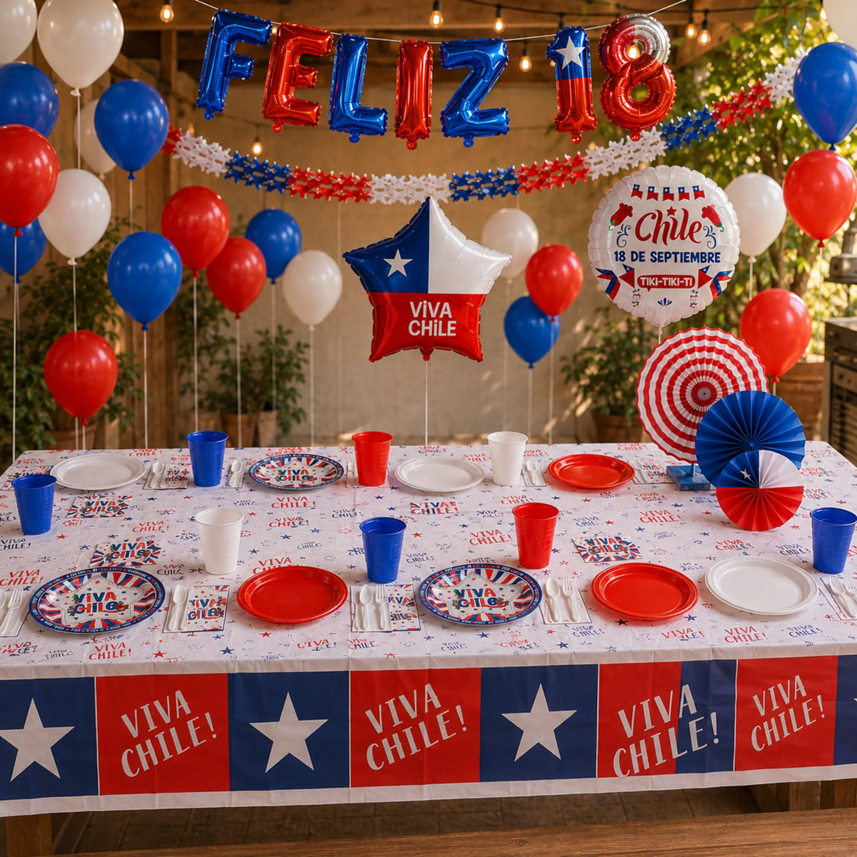 Pack cotillón Fiestas Patrias Grande con globos, vasos y platos desechables