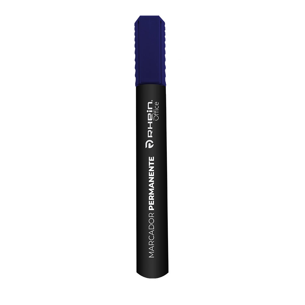Plumón permanente azul marca Rhein punta redonda, ideal para marcar superficies de forma duradera