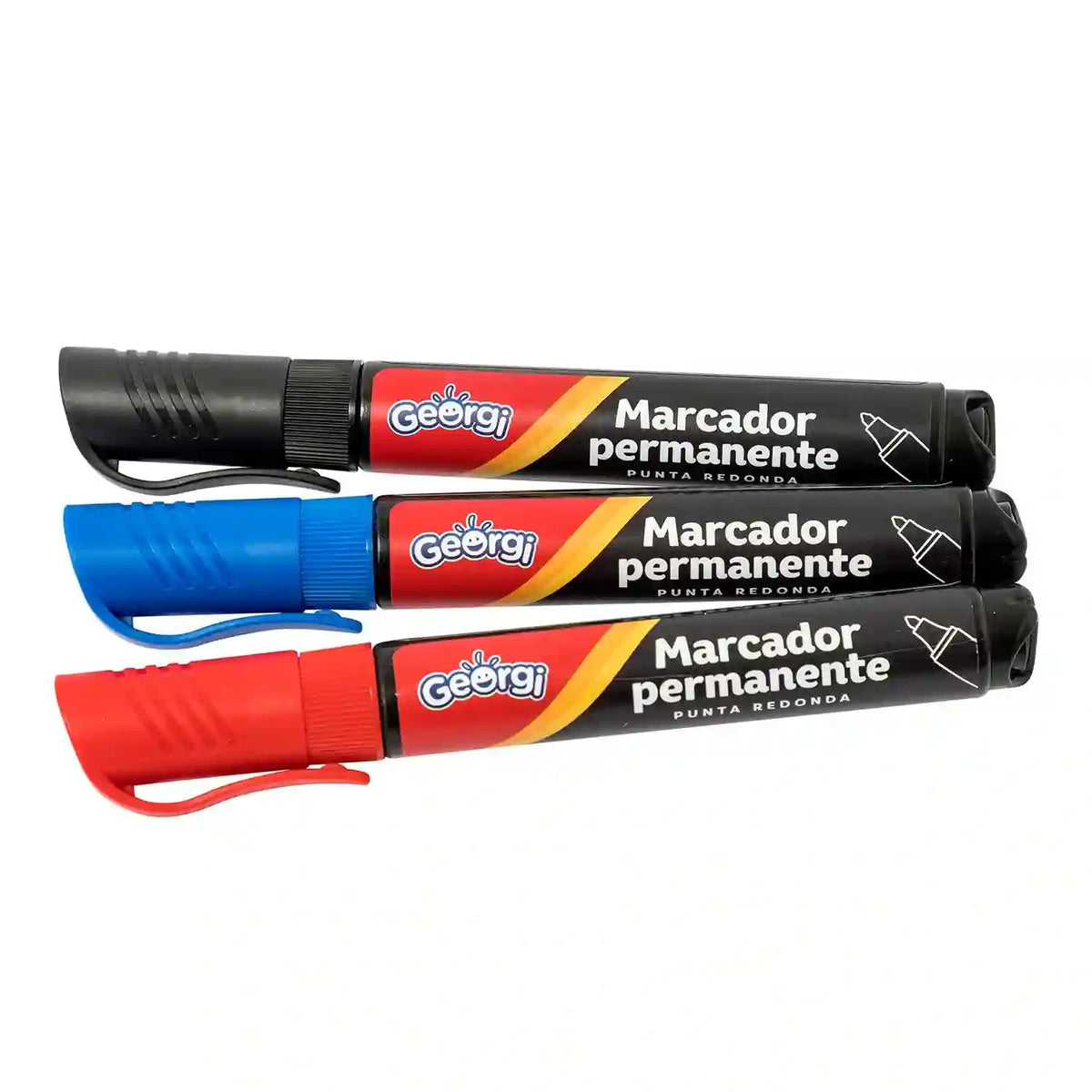 Set de 3 marcadores permanentes Georgi en rojo, azul y negro, ideal para marcar superficies de forma duradera