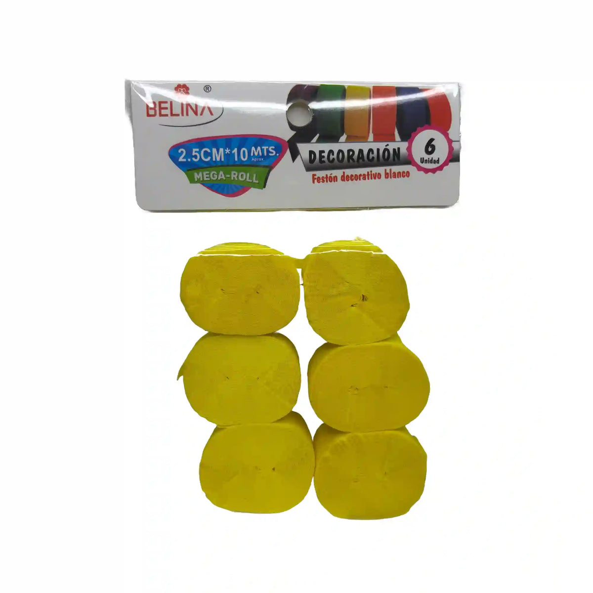 Festón decorativo amarillo de 2,5 cm x 10 metros, pack de 6 unidades, para decoración de fiestas