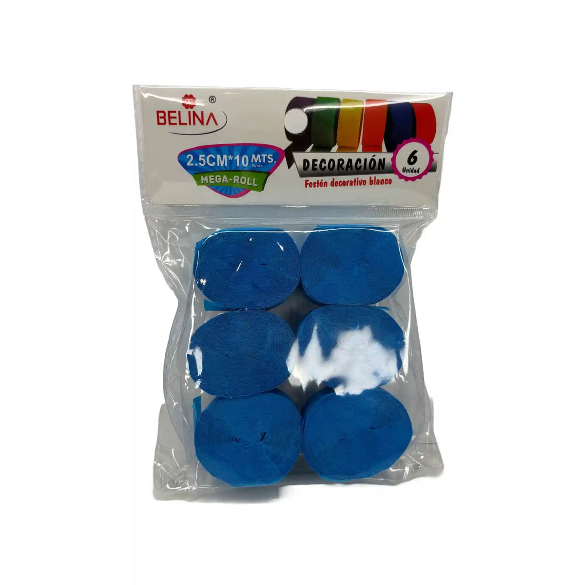 Festón decorativo celeste de 2,5 cm x 10 metros, pack de 6 unidades, para decoración de fiestas