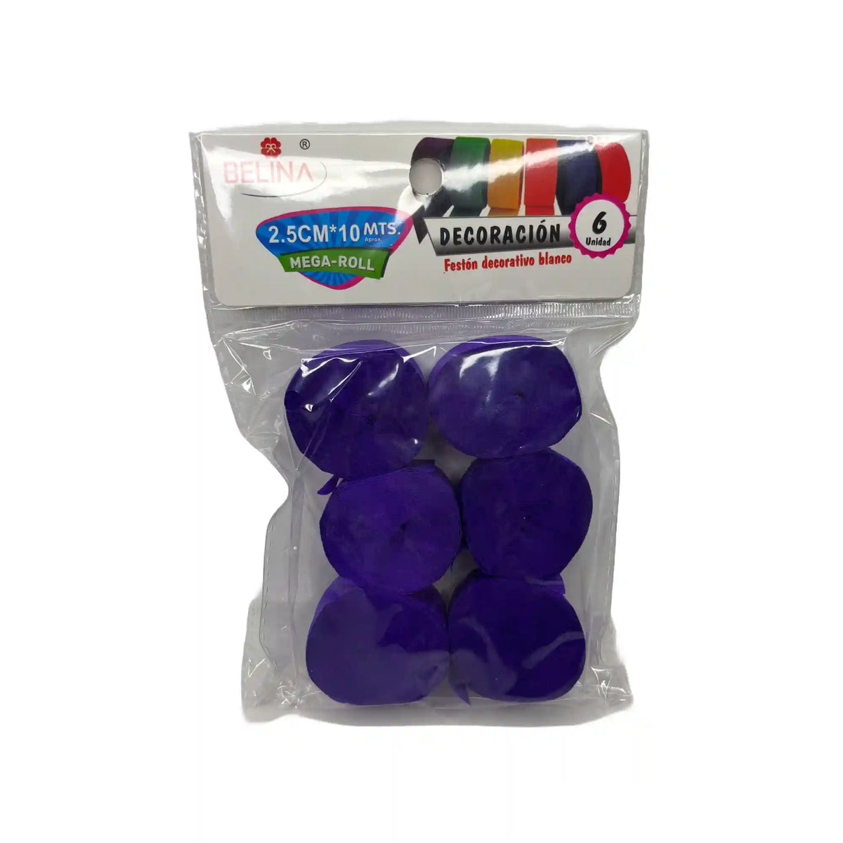 Festón decorativo morado de 2,5 cm x 10 metros, pack de 6 unidades, para decoración de fiestas