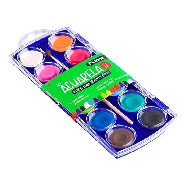 Acuarela 12 Colores + Pincel Torre 