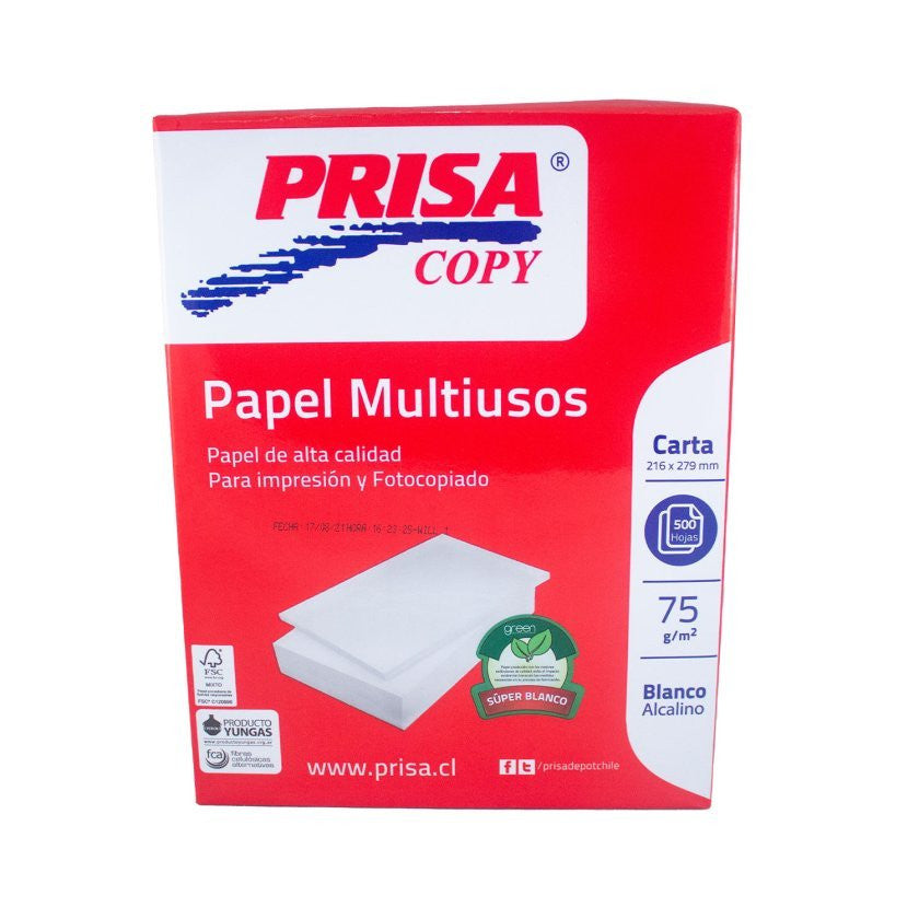 Resma Papel Fotocopia Prisa Carta 75 G 500 Hojas